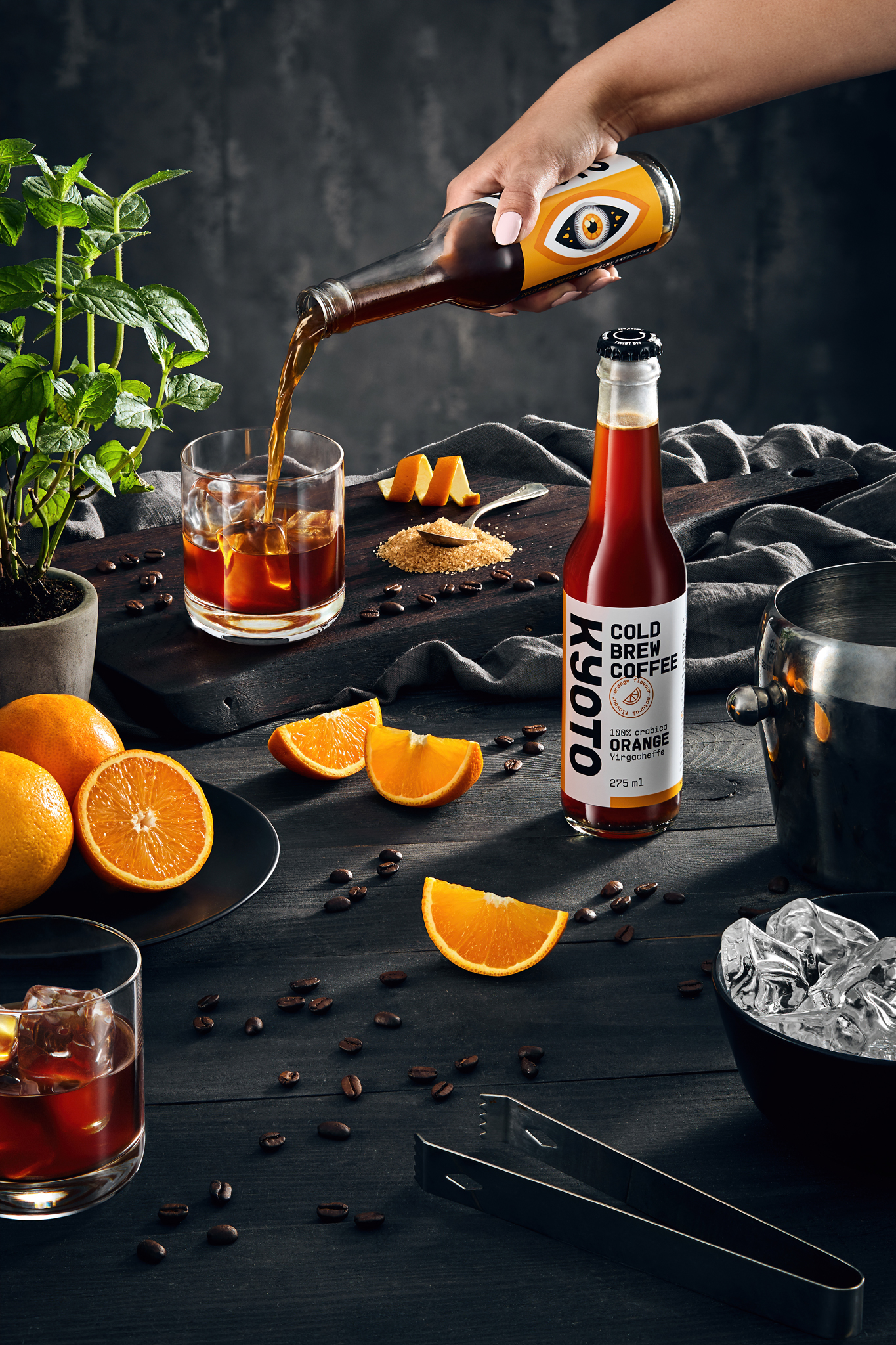 advertising photography of coffee drink on wooden table