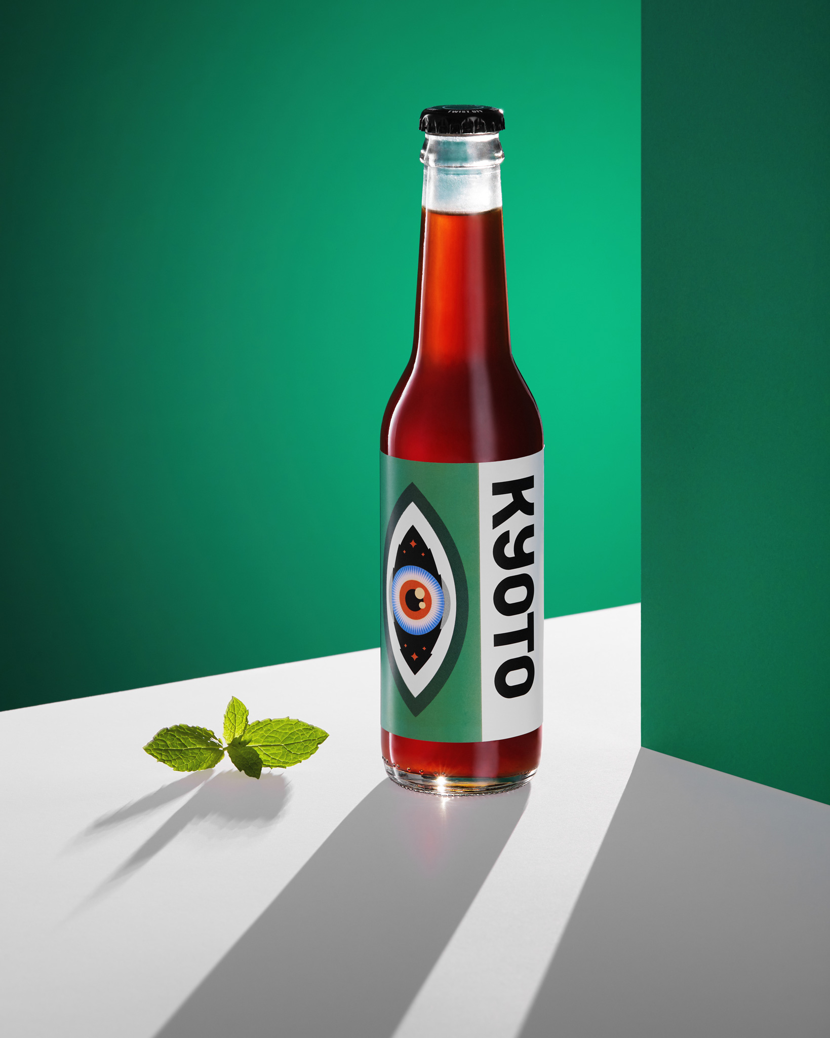 advertising photography of coffee drink in bottle on green backgroud