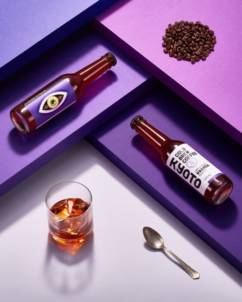Advertising Photography of Cold Brew Coffee in bottles on colour surfaces.
