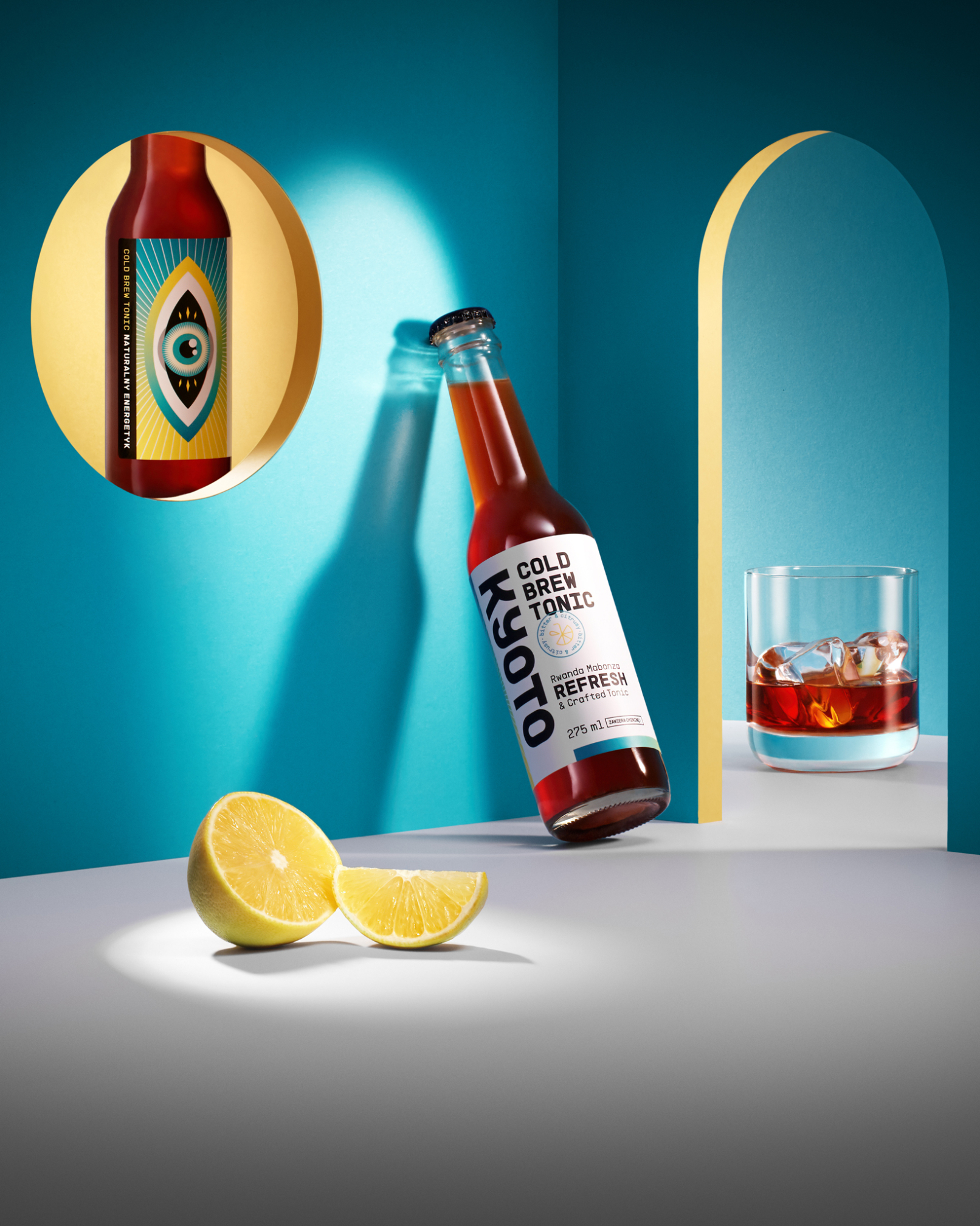 Advertising Photography of Cold Brew Coffee with Tonic in bottles on colorful paper mini interior set.
