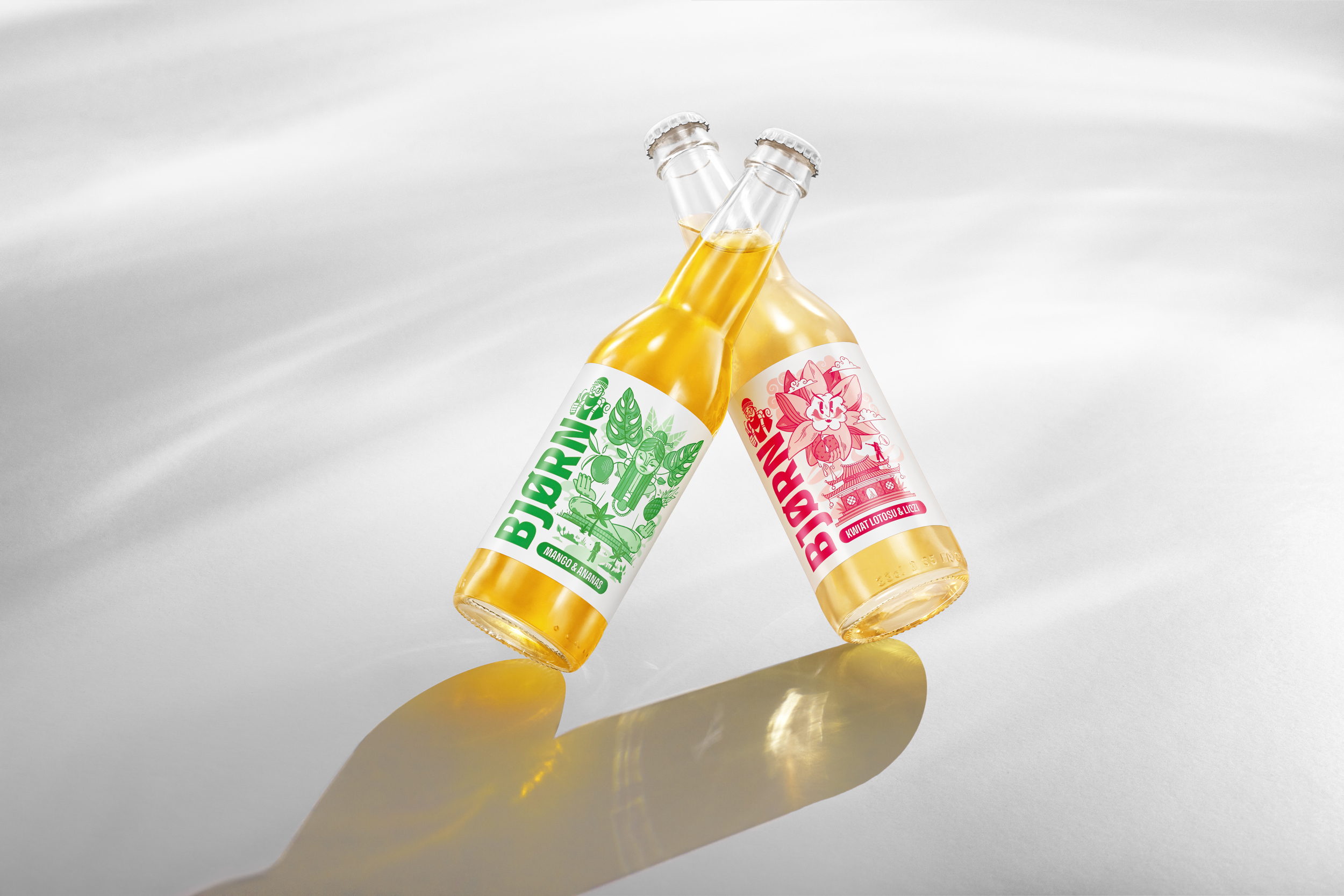 Product photography of soft drinks in bottles.