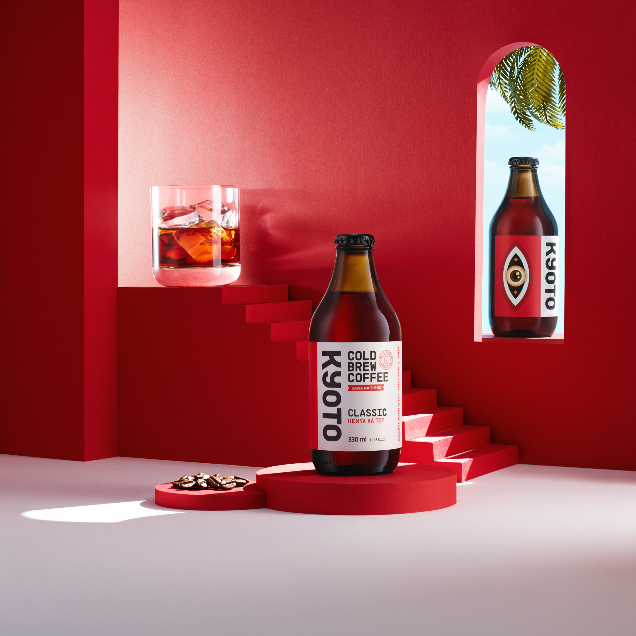 Cold Brew Coffee bottle on red background