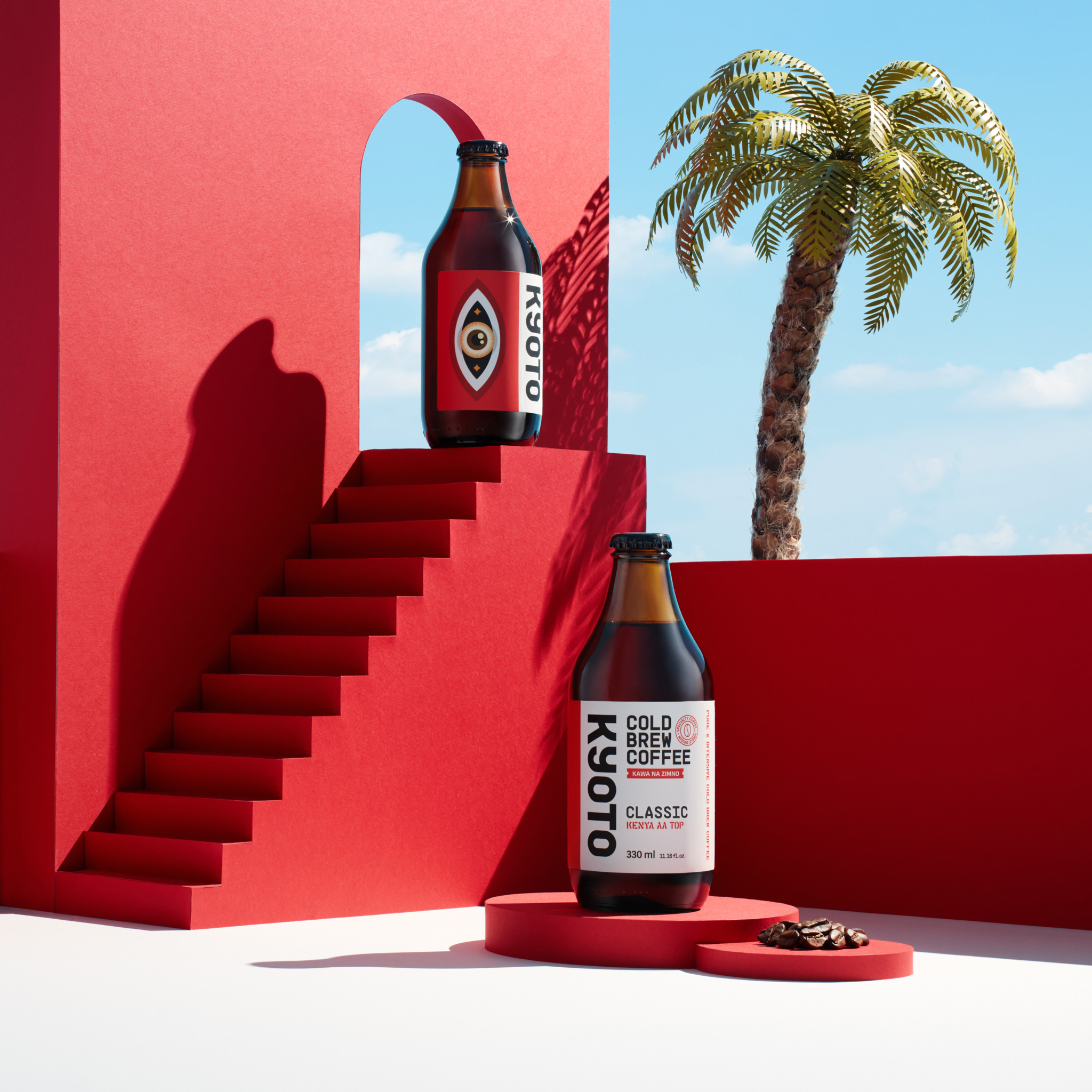 Cold Brew Coffee in a bottle on a red background with sky