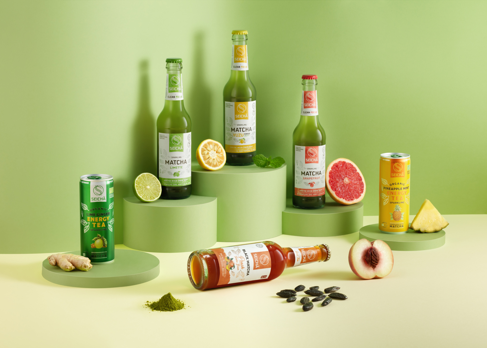 Fruit matcha drinks in bottles and cans