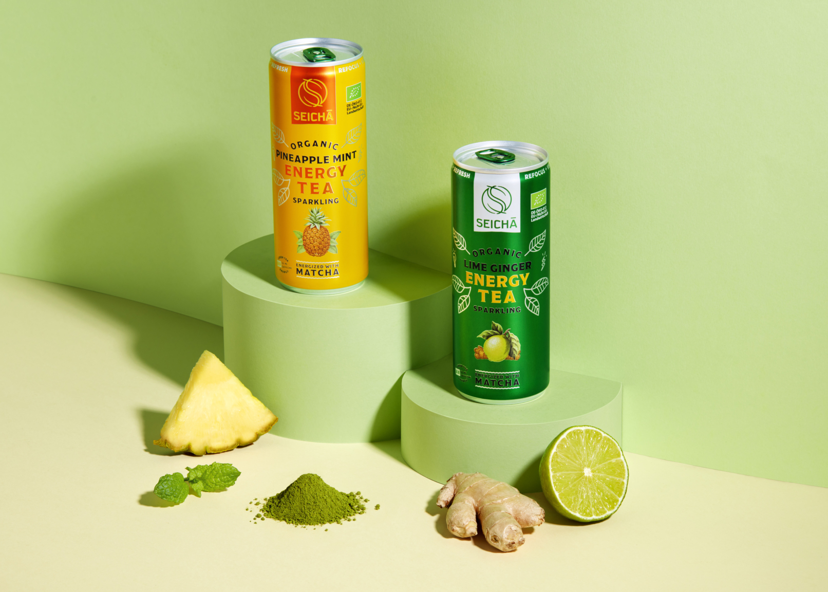 Sparkling fruit matcha drinks in cans